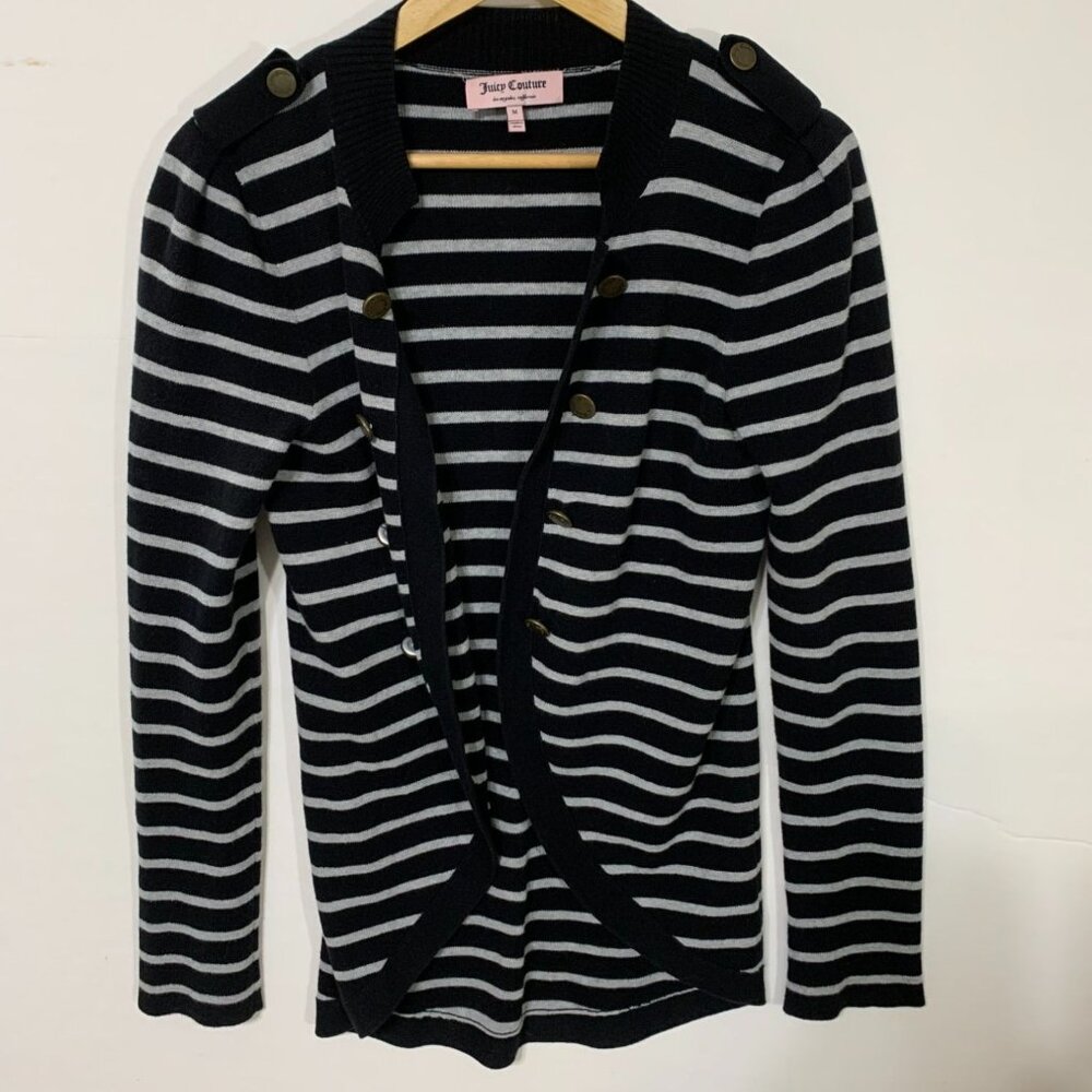 Juicy Couture Black‎ White Striped Open Cardigan Buttons Shoulder Accent Sz Med
